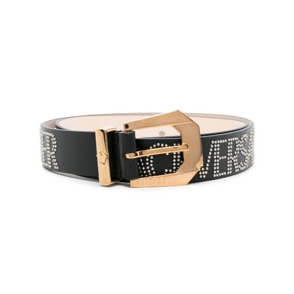 Versace Logo Studded Allover Leather Belt Black Gold $975 Large 90 cm New w/tag - Picture 1 of 10